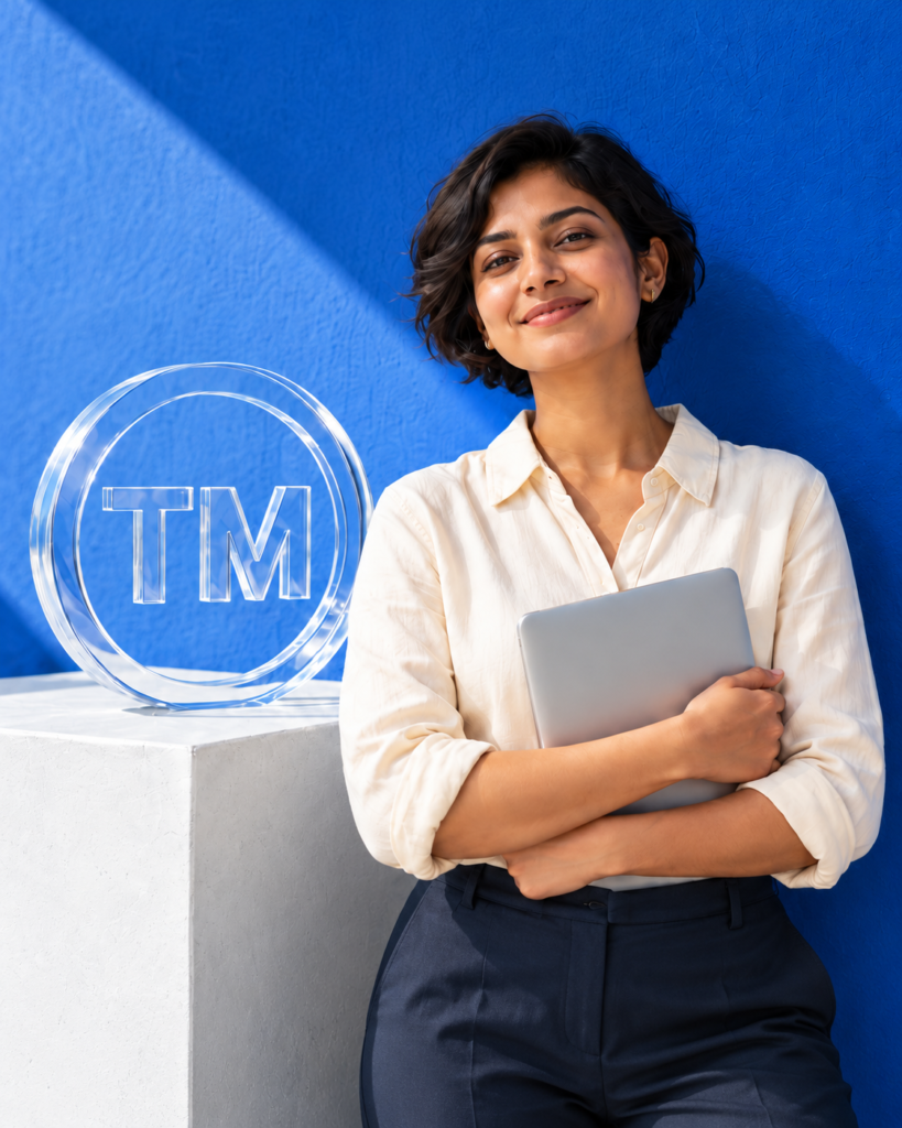Entrepreneur holding a laptop beside a trademark sculpture