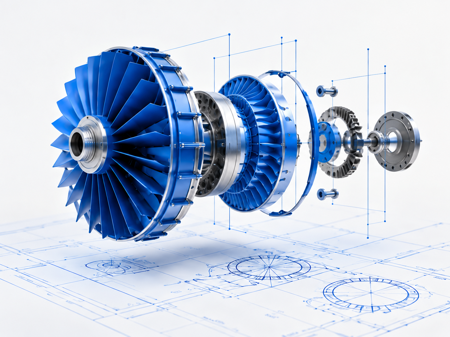 Exploded invention model over technical drawings